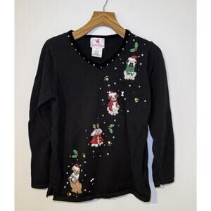 QUACKER FACTORY SWEATER WOMENS SZ XS EMBROIDERY DOG V NECK CHRISTMAS